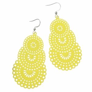 Sunny Lemon Yellow Filigree Lace Earrings Hollow Metal CutOut 3 Tier New